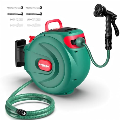 HICHIKA Schlauchtrommel Gartenschlauch 20m – Schlauchbox für die Wandhalterung, Automatische Verriegelung und Aufrollung, 8-Stufiger Sprühdüse, 180°Schwenkbare Schlauchaufroller