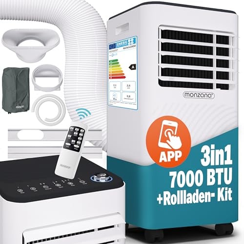 MONZANA® lokale Klimaanlage MZKA2000 WIFI App Mobil Abluftschlauch 7000BTU 3in1 24h Timer 25qm Fernbedienung Luftentfeuchter Rollladenkit Klimagerät