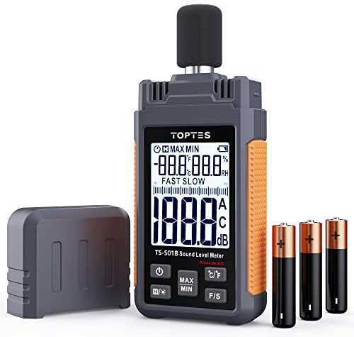 Dezibel Messgerät, TopTes TS-501B Schallpegelmesser mit 2,24-Zoll-LCD-Bildschirm mit Hintergrundbeleuchtung, A/C-gewichtet, Bereich 30–130 dB, MAX/MIN, Datenspeicherung – Orange