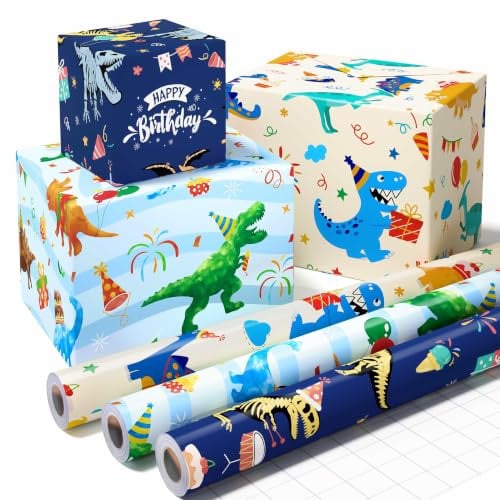WERNNSAI 3 Rollen Dinosaurier Geschenkpapier 3m x 43cm Junge Kinder Papier | Dino Kindergeburtstag Geschenkverpackung , Grünes Geschenk Deko Set Junge Mädchen Geburtstagsparty Dekorationen Verpackung