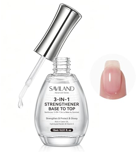SAVILAND 3 in 1 Nagelhärter Extra Stark Nagellack Base Coat Top Coat 15 ml | Klarer Nagelhärter für Brüchige Nägel, Reich an Rizinusöl Vitamin E, Langanhaltender, Schnelltrocknend, Gloss Shine
