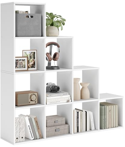 VASAGLE Bücherregal mit 10 Fächern, Regal offen, Stufenregal, Ordnungssystem für Deko, Fotos, Pflanzen, Wohnzimmer, Schlafzimmer, Arbeitszimmer, 29 x 129,5 x 129,5 cm, wolkenweiß LBC10WTV1