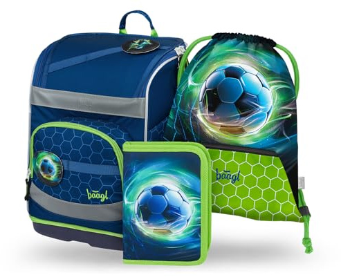 Baagl Schulranzen Jungen Set 3 Teilig (Zippy Schultasche für 1. Klasse, Mäppchen, Turnbeutel), Grundschule Ranzen mit Brustgurt, Hüftgurt, Ergonomischer Schulrucksack, 21 l (Fußball Ball)