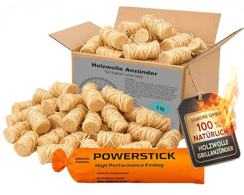 5 kg Öko Kaminanzünder (ca. 400 Stck) Grillanzünder inkl. XXL Powerstick Anzündwolle Holzwolle Anzünder Zündwolle
