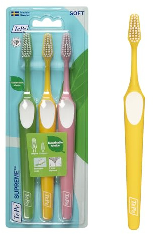 TePe Supreme Zahnbürste, Soft, 3 Stk., farblich sortiert, Plaque-Entferner, effiziente Reinigung mit zweistufigem Borstenfeld, Zahnbürste mit weichen Borsten