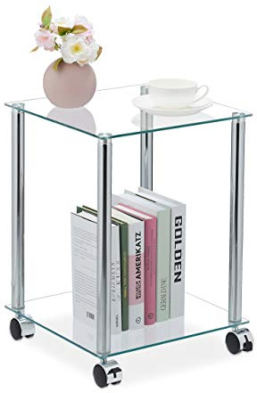 Relaxdays Beistelltisch mit Rollen, eckig, Glas & Stahl, transparent/silber