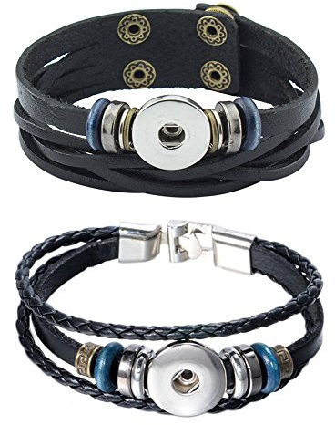 Soleebee Click Button Chunks Druckknöpfe Retro PU Lederarmband Metallverschluss Wickelarmband 2 Stück (Schwarz)