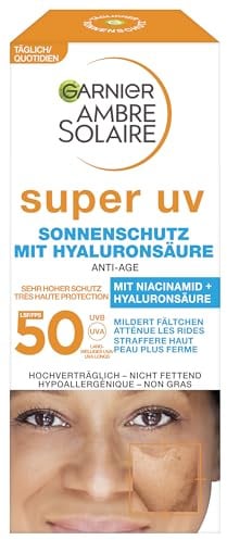 Garnier Anti-Aging Sonnencreme mit LSF 50, Sonnenschutz mit Hyaluron und Vitamin B gegen Falten und Trockenheit, Ambre Solaire, 1 x 50 ml