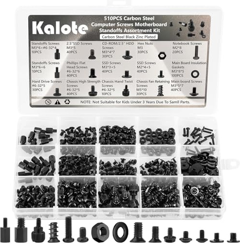 Kalote PC Schrauben Set 510 Stk, Mainboard Abstandshalter Computer Kit | Schrauben #6-32 Stecker auf M3-Buchse für Festplattenlüfter, Gehäuse, SSD, CD-ROM, Computer,Organisierter Aufbewahrungskoffer