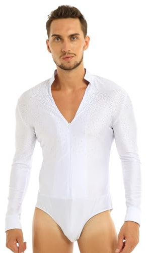 MSemis Herren Langarm Body Latein Hemd Jazz Tango Glitzer Shiny Tanz Kostüm Freizeit Hemd mit Reißverschluss Stretch Bodysuit Turnanzug