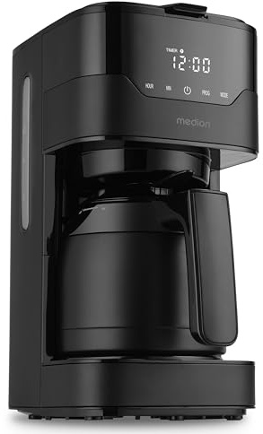 MEDION Kaffeemaschine mit Thermoskanne und Timer (Filtermaschine, 8 Tassen, 1,2 Liter, 900 Watt, 3 Stufen, Warmhaltefunktion, Timer Zeitschaltuhr, Antitropf, Display, MD18458) matt schwarz