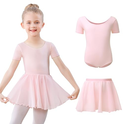 Ballettkleidung Mädchen Kurzarm Ballettkleid Baumwolle Balletttrikot Kinder Ballettanzug Ballettbody mit Chiffon Rock Tütü 3-11Jahre