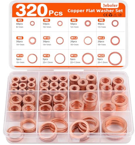 320 Stück Kupferdichtringe Sortiment, Jeboler Kupferdichtringe Kupfer Dichtungsringe Set, Kupferdichtringen Kupferringe Sortiment M5 M6 M8 M10 M12 M14 M16 M20 Kupferdichtung für Kraftstoffzubehör