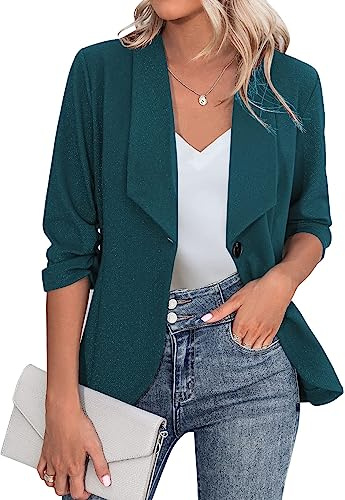 Zeagoo Damen Blazer Elegant 3/4 Arm Business Longblazer Slim Fit Revers Sakko Casual für Arbeit Anzug S-3XL