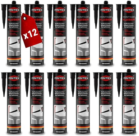 PRITEX – Profi Montagekleber Weiß 12x 300 ml – Baukleber für Holz-Paneele, Kabelkanäle, Sockelleisten, Styropor, Fliesen, Beton uvm. – haftstarker Universalkleber auf Acrylatdispersion-Basis für innen