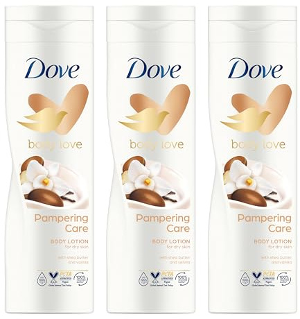 Dove Body Love Feuchtigkeitsspendende Körperlotion, Verwöhnende Pflege, Für Trockene Haut, 48H Feuchtigkeit, Weiche und Genährte Haut, Mit Sheabutter und Vanille, 3x 400 ml
