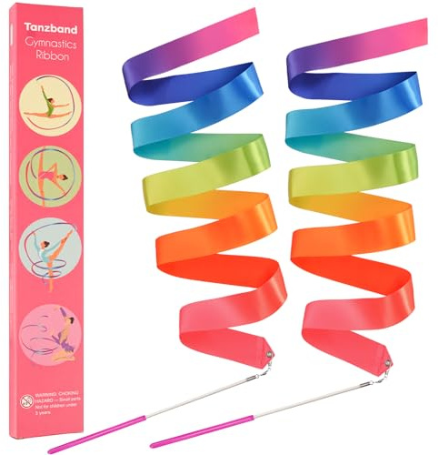 Yeavinfser Tanzband Set, 2 Stück Bunte Gymnastikbänder mit Stab, Regenbogen Farbband für Tanz, Gymnastik & Spiel, Ideal für Mädchen, Kindergeburtstage, Weihnachten, Ostern, Perfekt für Schule Zuhause