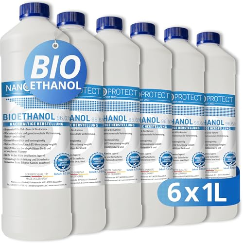 Nanoprotect Bioethanol 96,6% | 6 x 1 Liter | Flüssiger Ethanol Brennstoff für Indoor Kamin und Tischfeuer | Reiner Ethylalkohol als Lösemittel | Geprüfte Premium Qualität