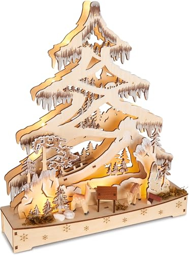 BRUBAKER 3D Lichterbogen - LED Schwibbogen - Tannenbaum Wald | Weihnachtsbeleuchtung aus Holz Natur - 34 x 28 x 9 cm - Handbemalte Figuren - Weihnachtsdeko für Tisch & Fenster