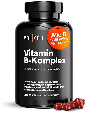 VALYOU Vitamin B-Komplex • 180 Kapseln für 6 Monate Tagesbedarf aller 8 B-Vitamine + Vitamine C & E • Für Energie, Psyche & Nervensystem • Laborgeprüfte Premium-Qualität