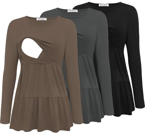 Bearsland Women’s Nursing Top 3pack Long Sleeve Scoop Neck Breastfeeding Shirts Nursing Shirt