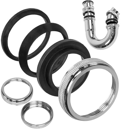 Dichtungsset mit Überwurfmuttern für 1 ¼ Siphon, 3 x Messingmutter, 2 x Keildichtung, 1 x Flachdichtung, aus Gummi, Dichtung Waschbecken Abfluss 1 1/4 Zoll, Dichtungsringe Set für Geruchsverschluss