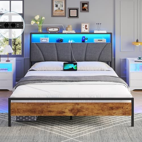 Brinlawb Bett 140x200 cm mit LED Beleuchtung und Ladestation (2 AC-Steckdosen, USB-A, USB-C) Jugendbett 140x200 mit gepolstertem Kopfteil und 2 offenen Regalen, Bettgestell 140x200cm, Metallbett, Grau