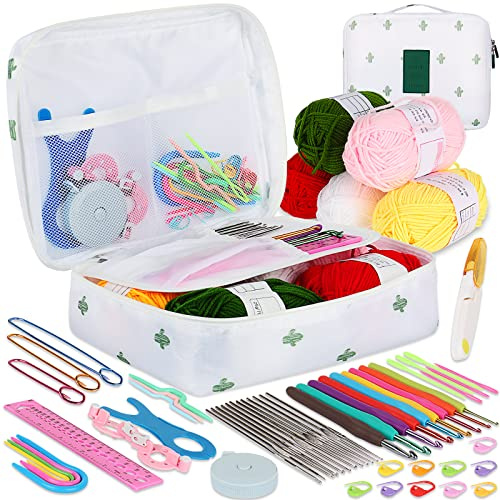 Coopay 58 Stück Häkelset für Anfänger, Inklusive Häkelnadeln mit Weicher Griff, Spitze Häkelnadel, Häkelgarn, Häkelzubehör, Kaktus Tasche & mehr, Hakelnadelsets Anfänger mit Wolle und Strickzubehör
