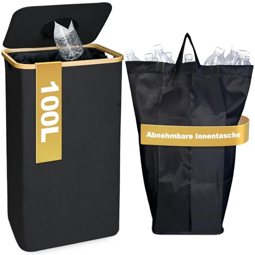 PeranoRidia 100L Pfandflaschen Sammelbehälter [INKL. TRAGETASCHE], Flaschensammler Leergut, PET Flaschen Pfandbehälter, Pfandsammler Organizer and Altglas Aufbewahrung mit Einwurf, Schwarz