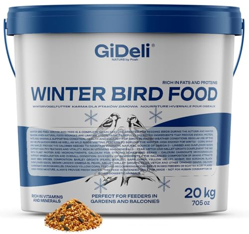 GiDeli Vogelfutter Wildvögel Ganzjährig 20 kg im Eimer - Winterstreufutter | liefert Energie an frostigen Tagen, stützt Gefieder sowie Mineralisierung, praktisch für Balkon, Garten, Futterstation