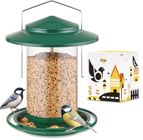 iBorn Vogelfutterspender,Metall Vogelhaus zum Aufhängen,Futterhaus für Vogel mit Futterschale,6 Futterlöcher,18 cm Wetterfest Dach,Ganzjährige Vogelfütterung,Wildvögel Futtersilo,Grün