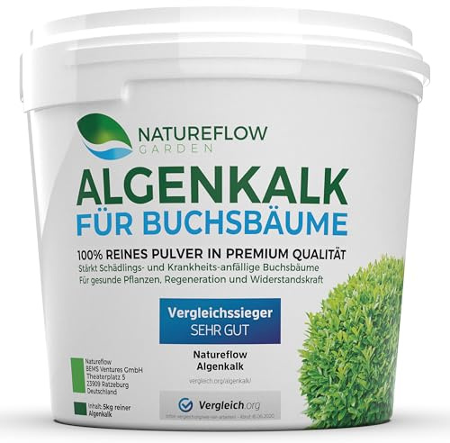 NATUREFLOW TESTSIEGER Bio Algenkalk für Buchsbäume – Widerstandskraft und Regeneration für anfällige Buchsbäume (Buchsbaumzünsler) - Premium Buchsbaum Dünger und Spritzmittel - Buchsbaumdünger 5kg