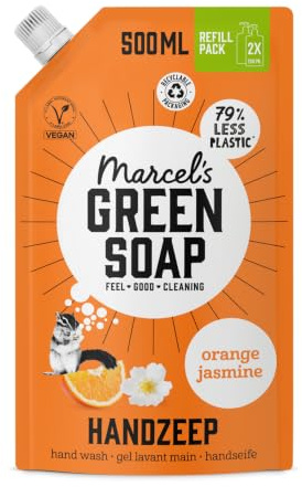 Marcel's Green Soap - Handseife Nachfüllpack Orange & Jasmin - Nachfüllbeutel - Mikroplastikfreie Formel - Vegan - Verpackung recycelbar - 500 ml