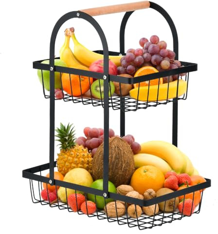 DODUOS 2 Stockig Obstkorb Etagere, Obst Etagere 2 Stöckig, Obstschale Etagere mit Holzgriff, Metall Schwarz Obstschalen mit Griff für Snacks zu Hause, Gemüse, Küche, Büro, Obst