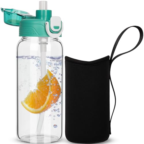 DEARRAY 0.6l Trinkflasche Glas Flasche mit Strohhalm Auslaufsicher Wasserflasche 600ml BPA frei Glasflasche mit Schutzhülle für Kinder, Schule, Männer, Frauen, Sport