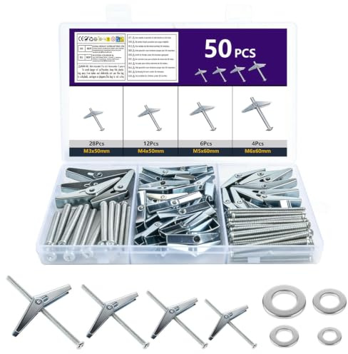 LiangSanXin 50 Stk Hohlraumdübel Metall Kippdübel M3 M4 M5 M6 Trockenbau | Robuste hohlwanddübel als Federklappdübel Set, passend für Rigips-, Hohlraum- und Gipskartonwände zur sicheren Befestigung
