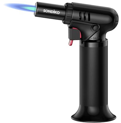Sondiko Flambierbrenner mit Tankanzeige S907, Feuerzeuge, Bunsenbrenner, Nachfüllbarer Lötbrenner mit Sicherheitsschloss für die Küche, Camping (Butan nicht Inbegriffen)