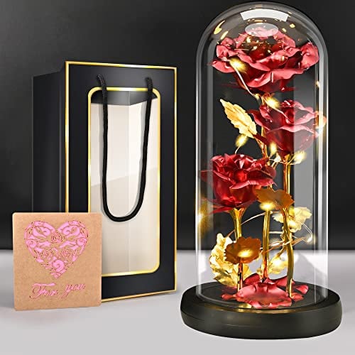 BoriYa Muttertagsgeschenke für Mama -Ewige Rose,Rosen Geschenk Muttertag,Infinity Rosen Geschenke für Frauen,Schöne und das Biest Rose mit LED Licht,Rot Sparkly Rose in Glaskuppel,Galaxy Rosen im Glas