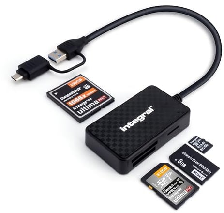 Integral 4-in-1 Speicherkartenleser, USB 3.0 & USB C Adapter für microSD, SD, Compact Flash, MS Duo/Pro - Für iPhone 15/16 Plus/Pro Max, MacBook Air, iPad, PC, Laptop, Tablet, Smartphone