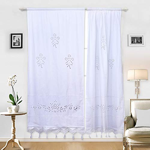 DOKOT Leinen Baumwolle Stickerei Küche Vorhang, Cafe Esszimmer Mit Crochet Tassel Border (Weiß 70cm Breite x 150cm Höhe, 1 Panel)
