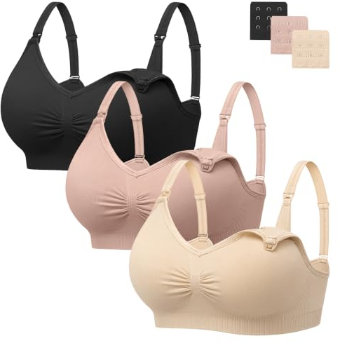 HBselect Nahtloser Schwangerschafts Still BH mit extra BH-Verlängerungen | 3er Set Still-BHs ohne Bügel, viele Farben & Größen wählbar, mit Stillverschluss für werdende und stillende Mütter