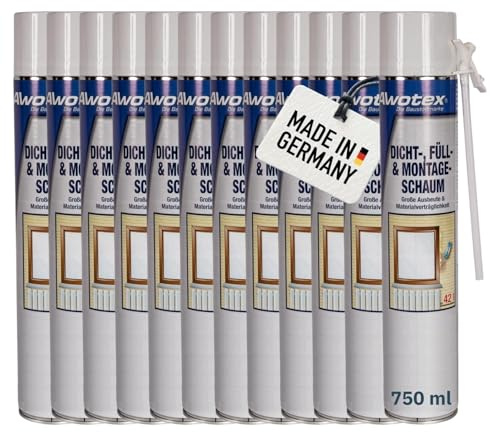 AWOTEX 12 x Montageschaum B2 750 ml 1-K I Bauschaum Dämmschaum ohne FCKW & HFCKW I Klebeschaum für Dämmplatten I Montageschaum außen I Montageschaum Türzarge I Überstreich- & überputzbar