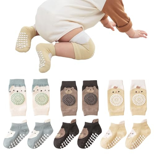 Mezrkuwr 3 Paar Baby Knieschoner und 3 Paar Baby Socken Baby Krabbeln set, Anti Rutsch mit Gummipunkte Krabbelschoner Stulpen Knieschützer für Kleinkinder 0-12 Monate