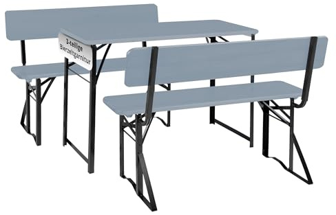 Stagecaptain BBDL-119 GY Hirschgarten Bierzeltgarnitur mit Lehne für Balkon - 119 cm Länge - Klappbare Festzeltgarnitur 1x Tisch, 2X Bank - Holz Sitzgarnitur - Innen & Außenbereich - Grau