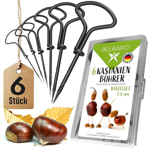 Belwaro® Kastanienbohrer, 6-teiliges Set NEU* mit Aufbewahrungsbox, gehärteten Spitzen - 1-6 mm Kastanienbohrer Kinder, Handbohrer Kinder, Handbohrer Holz, Kastanien Bastelset