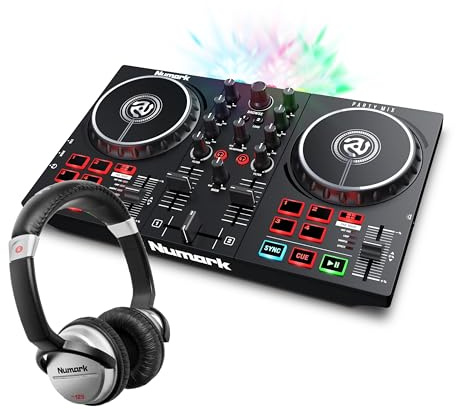 Numark Party Mix II + HF 125 – Einsteiger DJ Controller Set mit DJ-Lichtern, Mixer und DJ Kopfhörer
