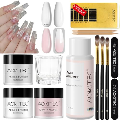 AOKITEC Acryl Nägel Starterset, Rosa/Klar/Weiß Nail Powder und Acrylic Liquid Mit Nagelpinsel und Nagelformen für Langanhaltende Acrylnägel Nail Art, Nägel Selber Machen, Geschenke für Frauen