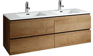 Badplaats B.V. Badezimmer Badmöbel Set Angela 140cm - Eiche - Unterschrank Schrank Waschbecken Waschtisch