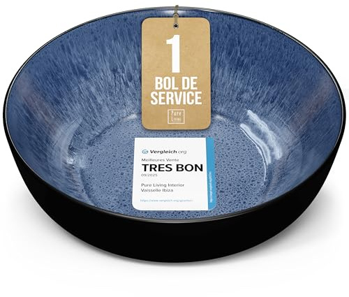 Steingut Servierschüssel Ibiza TESTSIEGER, Traumhafte Mediterrane Salatschüssel, Servierschale - Bowl Schüssel Groß, Salatschale - Pure Living in Tiefblau
