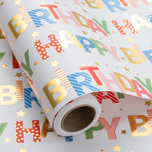 Wikadlik Bunte Geburtstags-Geschenkpapierrolle – 43 cm x 10 m – Goldfolie "Happy Birthday"-Schriftzug, Geschenkpapier für Urlaub, Dusche, Party